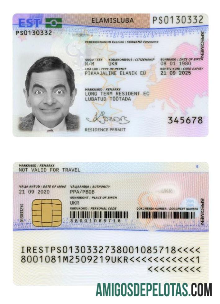 Cartão de autorização de residência na Estônia, presente em 2020 exemplo real